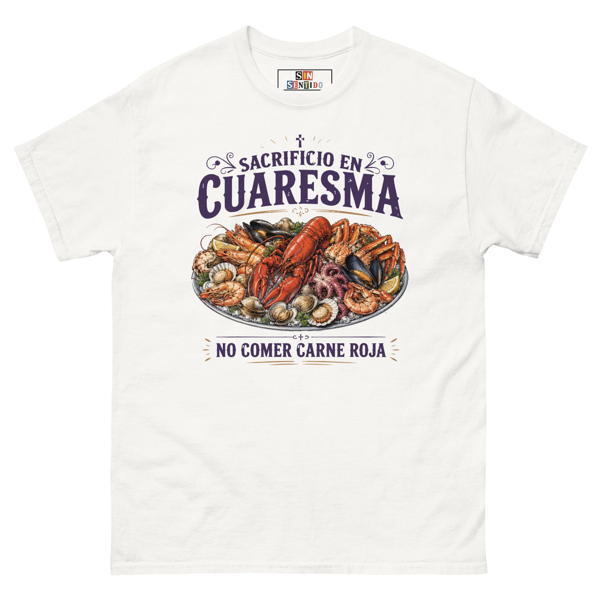 Camiseta Sacrificio en Cuaresma con ilustración de mariscada.